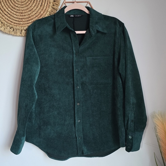 ZARA, Hunter Green Fine Waled Oversized Corduroy Button Front Shirt, Size Small - Picture 10 of 13